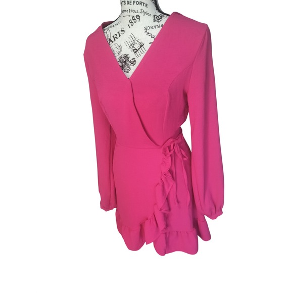 Altar'd State Hot Pink Ruffle Wrap Mini Dress Long Sleeve V-Neck Small - Picture 3 of 5